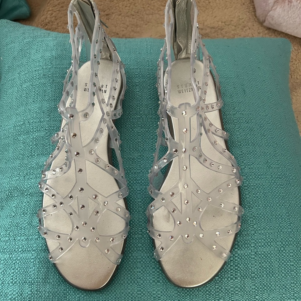 Stuart Weitzman GLOGLADIUS Silver Crystal-Embellished Strappy Sandals